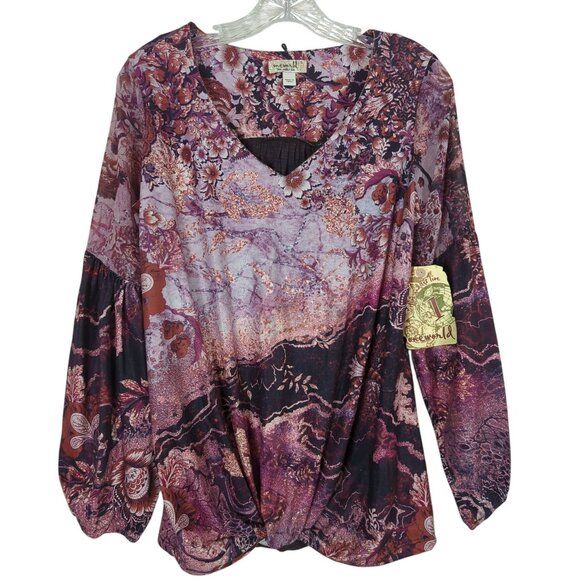 One‎ World Womens Floral Long Sleeve V-Neck Gathered Hem Top Boho Tunic size S - Picture 1 of 15